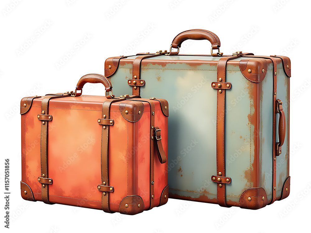 Poster retro vintage three suitcases painted in watercolors with isolated white background on a transparent