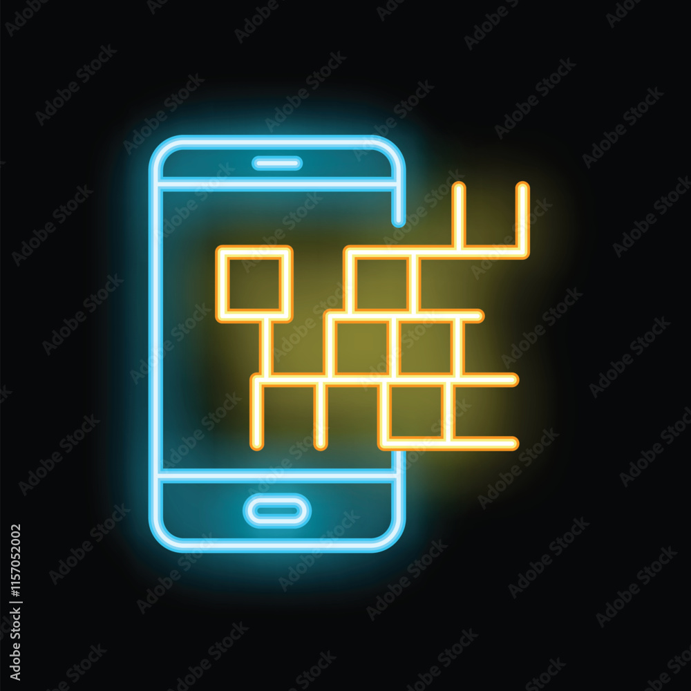 Poster neon icon of a smartphone displaying an augmented reality app with a wall