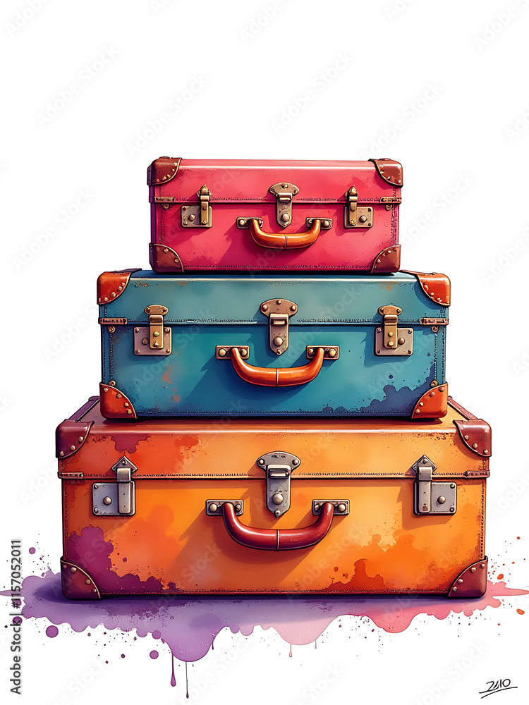 Poster retro vintage three suitcases depicted in a colorful watercolor splatter painting style with an isol
