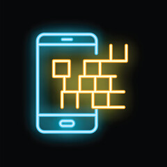 Neon icon of a smartphone displaying an augmented reality app with a wall
