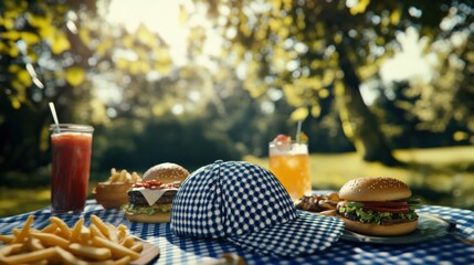 Outdoor Picnic with Burgers, Fries, and Refreshing Drinks in a Sunny Park Setting