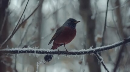 Vibrant Bird Perched on Branch in Winter Forest Scene with Frost