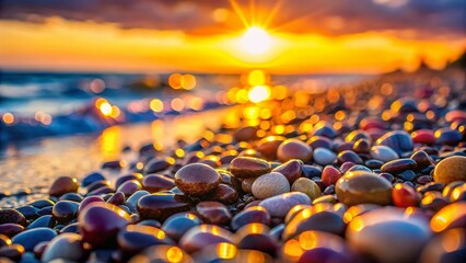 Fototapeta premium Smooth Beach Pebbles with Bokeh Background - Coastal Nature Texture