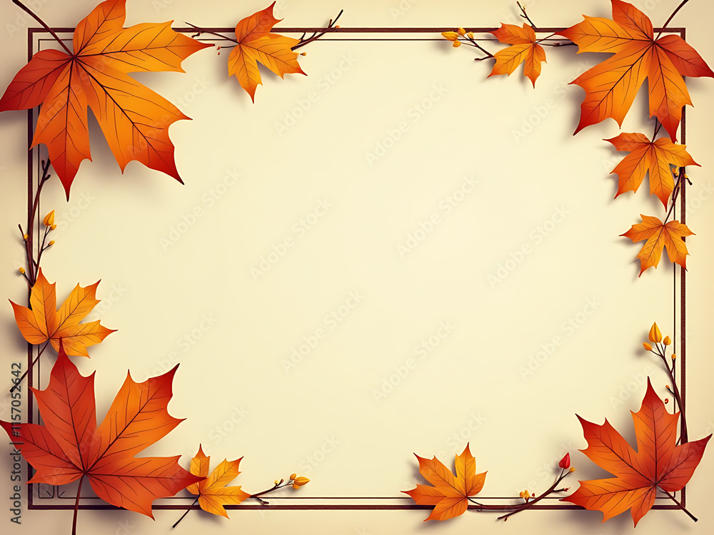 Aufkleber Retro Style Frame Features Autumn Leaves On A Natural Background With Ample Space For Copy And Text Overlay. 00001
