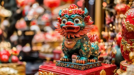 Obraz premium Colorful decorative lion statue in a vibrant cultural display