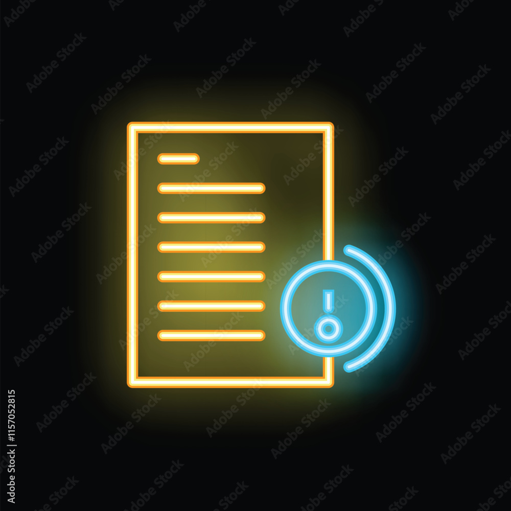 Poster neon icon of a document receiving a notification with an exclamation mark, evoking concepts such as 