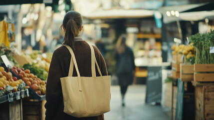 Young Professional Shopping at a Local Market with Reusable Cloth Bags, Showcasing a Trendy, Sustainable Lifestyle for a Retail Ad