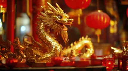 Fototapeta premium Golden Dragon Statue Surrounded by Red Lanterns in Chinese Decor