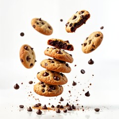Fototapeta premium Chocolate chip cookies levitate in air. Cookies stack, fall. Sprinkles, chocolate chips fly around. Bakery products displayed. Fresh bakery goods float on white background. Sweet treats look tasty,