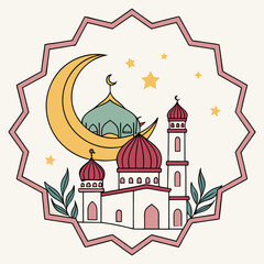 Fototapeta premium Simple Line Art Illustration of a Mosque Under a Crescent Moon