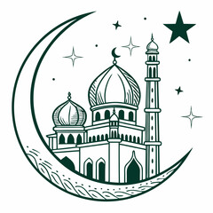 Simple Line Art Illustration of a Mosque Under a Crescent Moon