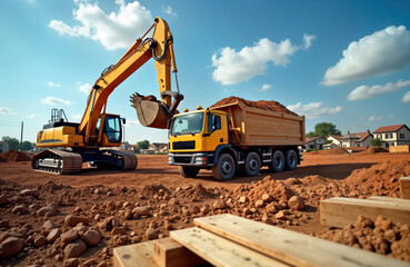 Obraz premium Heavy excavator loads dirt onto truck at construction site. Construction machinery works outdoors under sunny sky. Housing development project in progress. Foundation preparation ongoing. Industrial