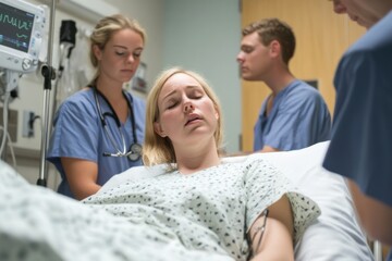 Medical team attends to a patient in a hospital room during an urgent care situation