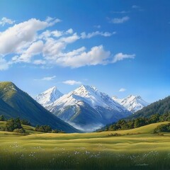 A mountain view with snow-capped peaks and green summer valleys