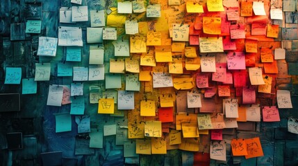 Brainstorming session board filled with sticky notes and colorful papers