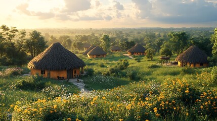 Stunning Rural African Village Surrounded by Lush Greenery and Wildflowers Photo