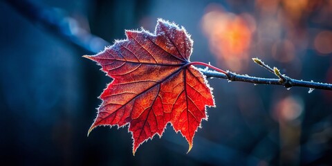 Solitary Red Frozen Leaf on Branch - Winter Nature Close-up Stock Photo