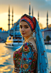 Obraz premium A woman in traditional Turkish attire with intricate embroidery and a colorful headscarf. She stands near the Bosphorus, with the Blue Mosque visible in the background.