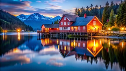 Obraz premium Sons of Norway Hall Reflection, Petersburg, Alaska - Bokeh Photography