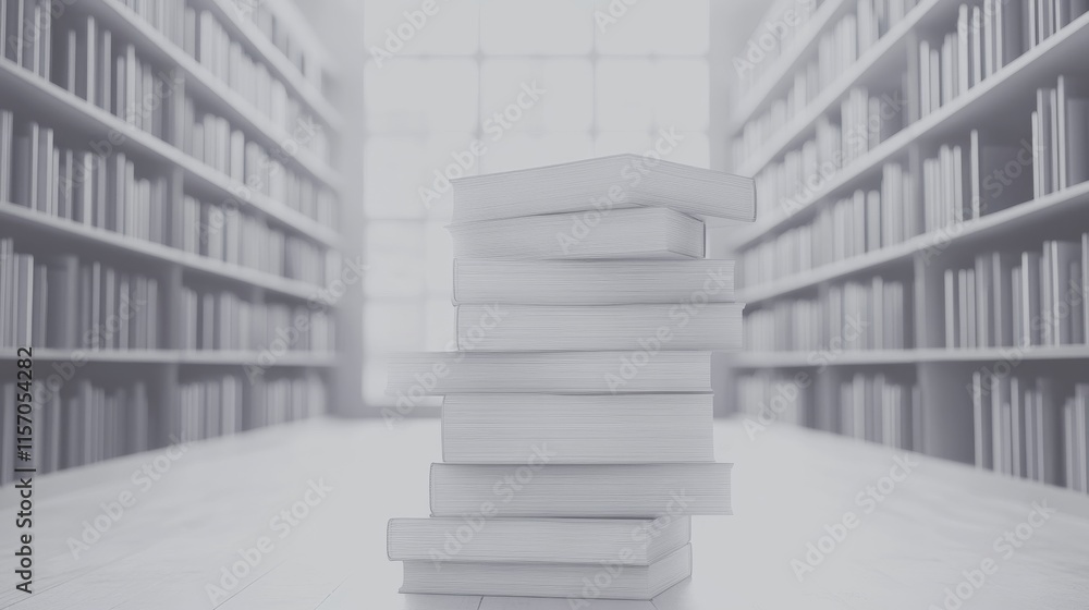 Poster stack of books in a quiet library setting.