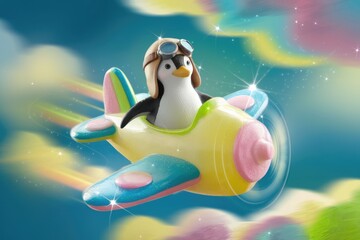 A cute penguin pilot soars through a pastel sky in a whimsical airplane.