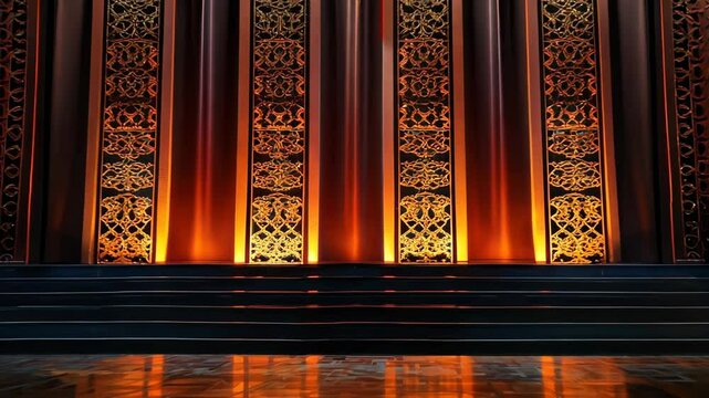 Traditional Thai stage for drama or Khon performances, featuring ornate patterns, glowing golden light, polished wooden floor, and cultural elegance with intricate details.