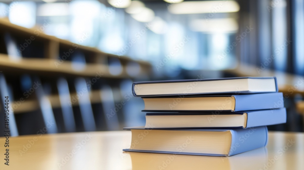 Poster stack of books on a table in a study room.