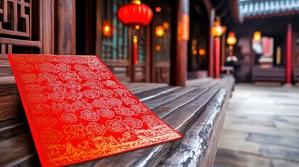 Elegant Red Invitation Card on Wooden Table in Traditional Setting