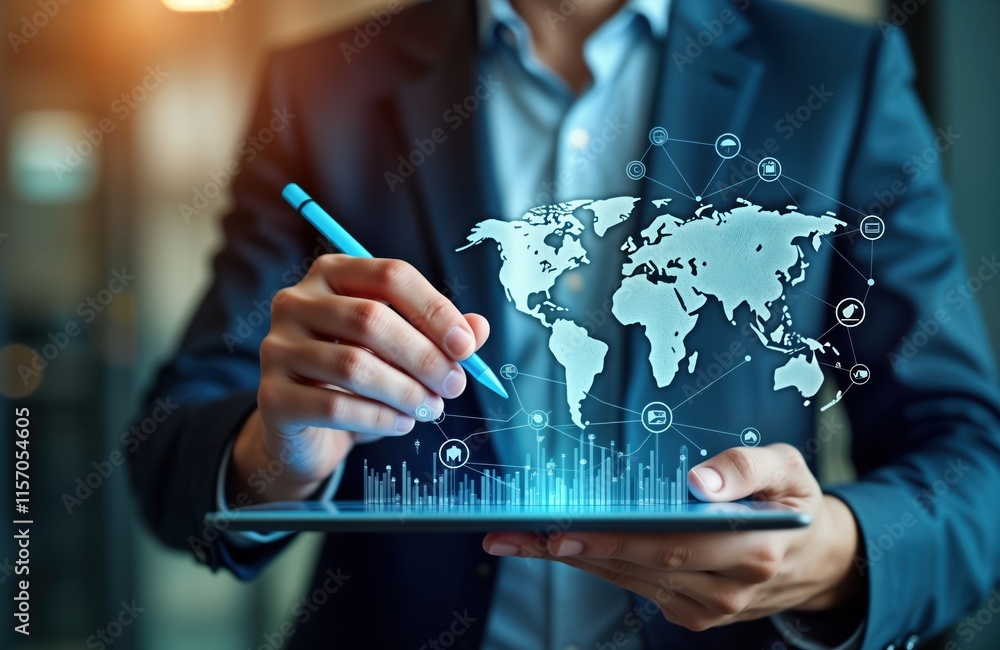 Poster Businessman uses tablet to interact with global network data. Virtual world map with tech icons appears on screen. Global connection, internet of things concept shown. Modern digital tech, global