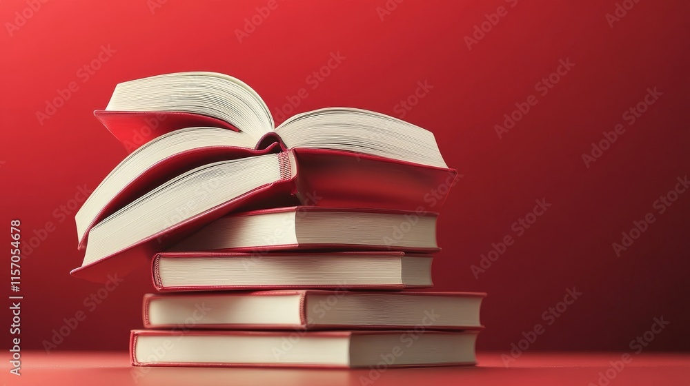 Poster stack of open and closed books on red background.