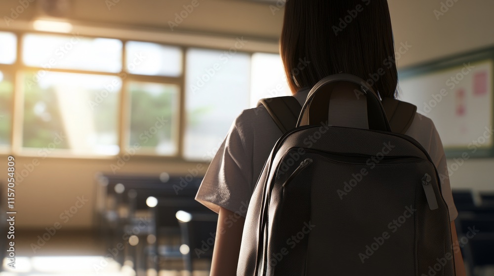Poster student entering a classroom with backpack.