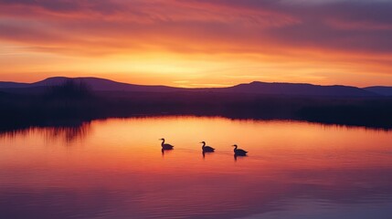 Fototapeta premium Ducks Swimming at Sunset Over a Calm Lake with Mountains in the Background