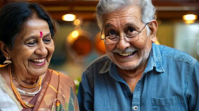 Elderly indian couple shares joyful moments in cozy kitchen. dressed in traditional attire, they happily prepare food together, embodying love, companionship, and culinary tradition.