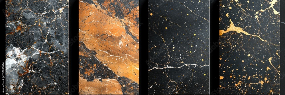Poster a collection of marble textures showcasing various patterns and colors for design use.