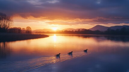 Three ducks glide on a calm river at sunrise, surrounded by tranquil hills. The sky reflects vibrant colors of dawn.