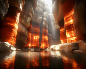 Luminous sandstone canyon interior with glowing orange walls reflecting in still water.  A mystical, ethereal scene.