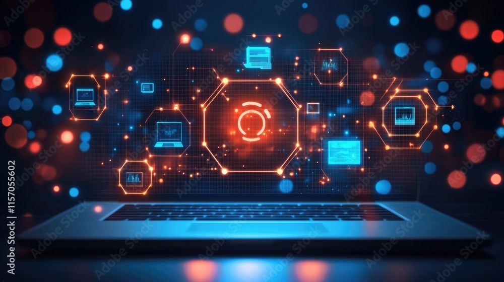 Poster digital technology graphics displayed on a laptop with glowing dots in a dark setting
