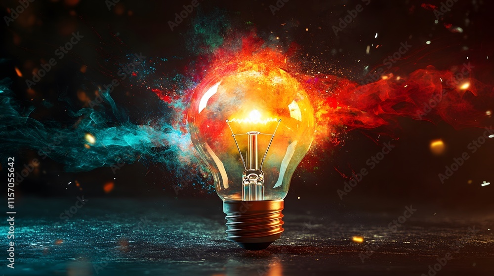 Poster illuminating creative concepts colorful light bulb explosion in a dark setting abstract art dynamic 