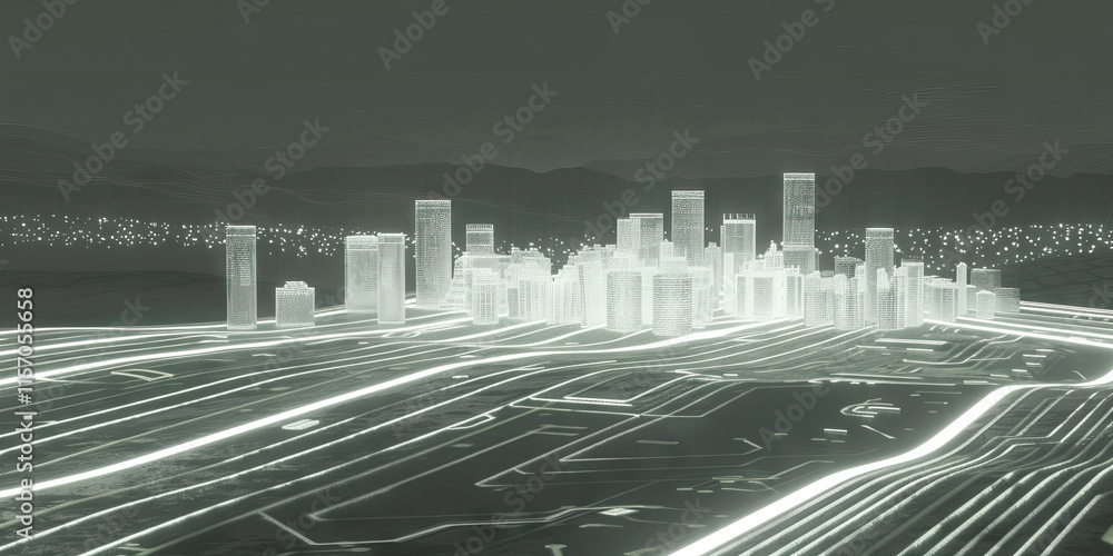 Poster digital cityscape model with circuit board infrastructure