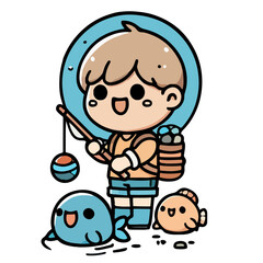 Cute boy character fishing illustration
