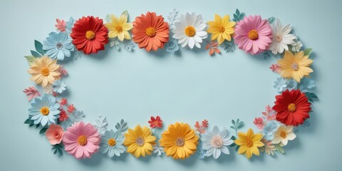 Colorful handmade paper flowers on light blue background with white space in the center, floral arrangement, handmade