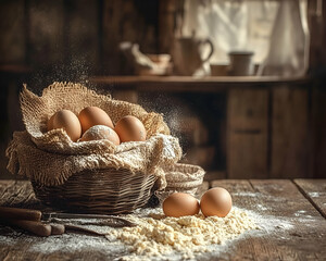 Rustic still life of fresh brown eggs in a burlap-lined basket, dusted with flour on a wooden table.  Baking, country kitchen, home cooking concept.