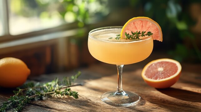 Refreshing grapefruit and thyme mocktail in vintage glass, embracing summer vibes