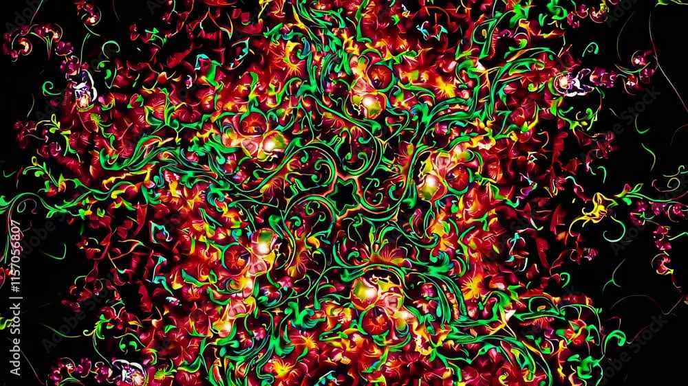 Poster fiery red and green swirling abstract patterns on a dark background