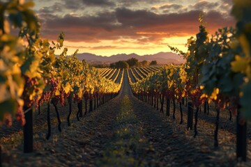 Golden sunset over vineyards with ripe grapes in a serene landscape