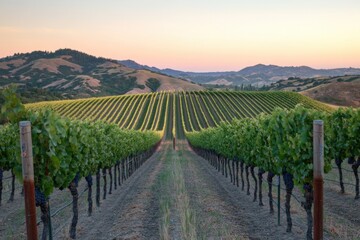 Fototapeta premium Scenic vineyard landscape with rows of grapevines under a colorful sunset in a rural area