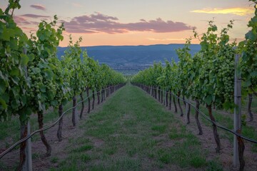 Fototapeta premium Vineyard landscape at sunset showcasing rows of grapevines and a beautiful sky