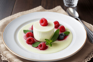 desserts with fine dinning theme, with beautiful berry fruit decoration, green garnish 