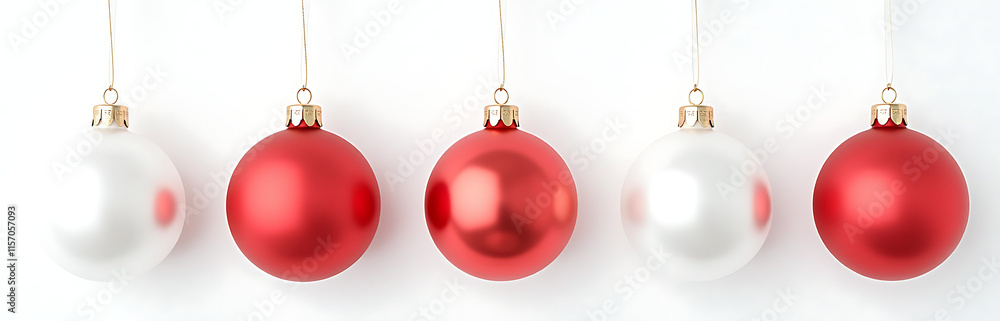 Poster red and white christmas balls hang isolated on a transparent background with a simple white ribbon d