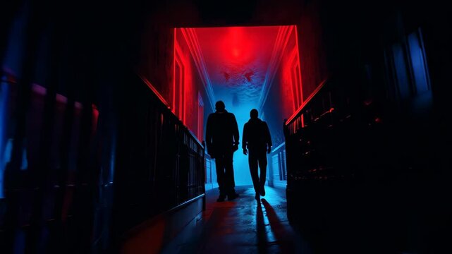 Two silhouetted figures walking down a dimly lit hallway with eerie red and blue lighting, creating a mysterious and cinematic atmosphere in an old building